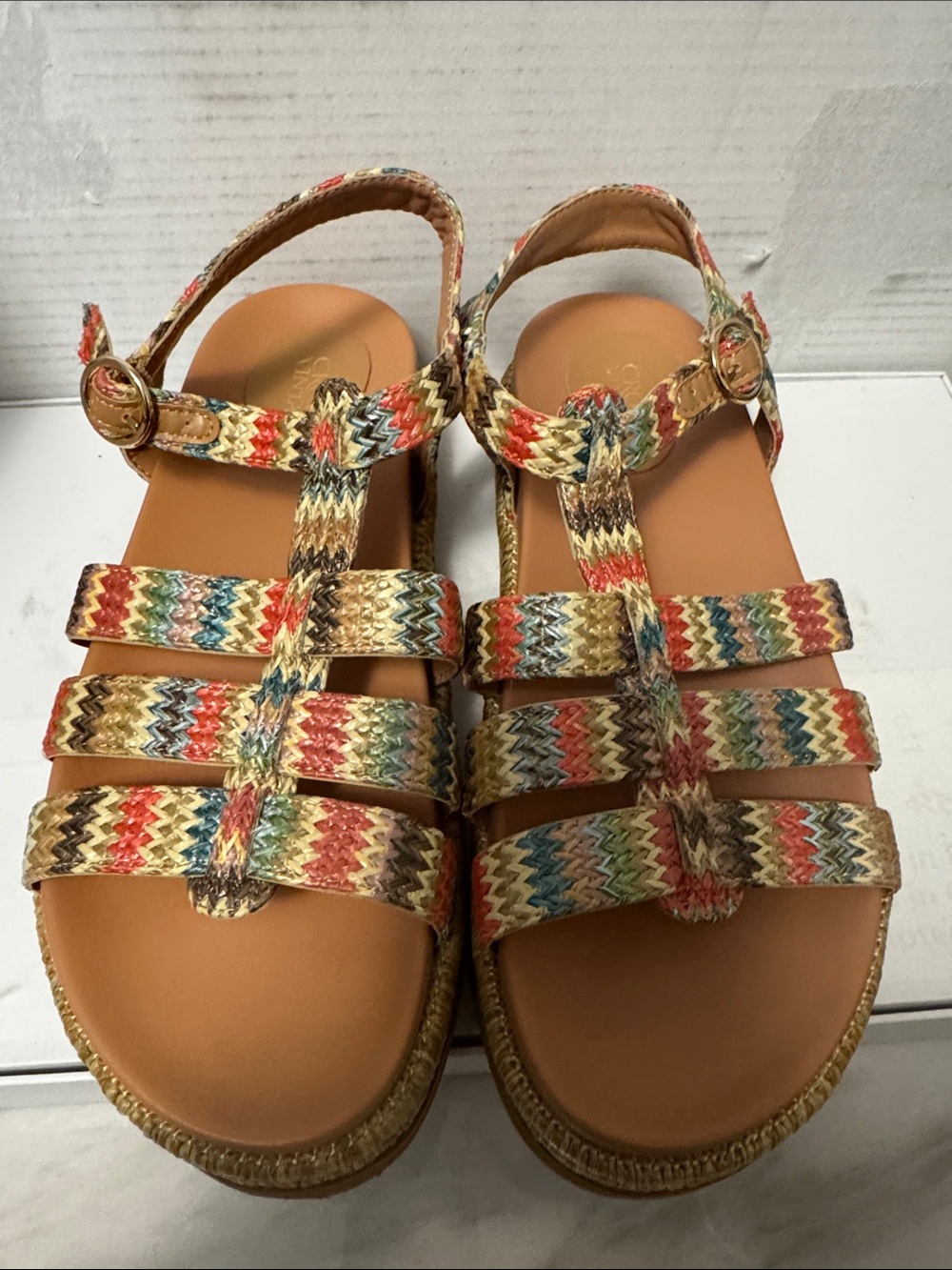 Crown Vintage Multicolor Woven Strappy Sandals with Tan Footbed - Picture 2 of 11